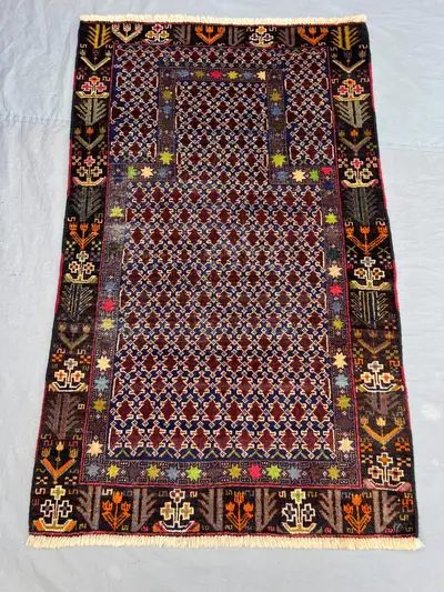 2'11x4'9 Vintage Afghan Tribal Rug | Hand Knotted Wool Area Rug | Navy Blue Burgundy All Over Diamond Lattice 