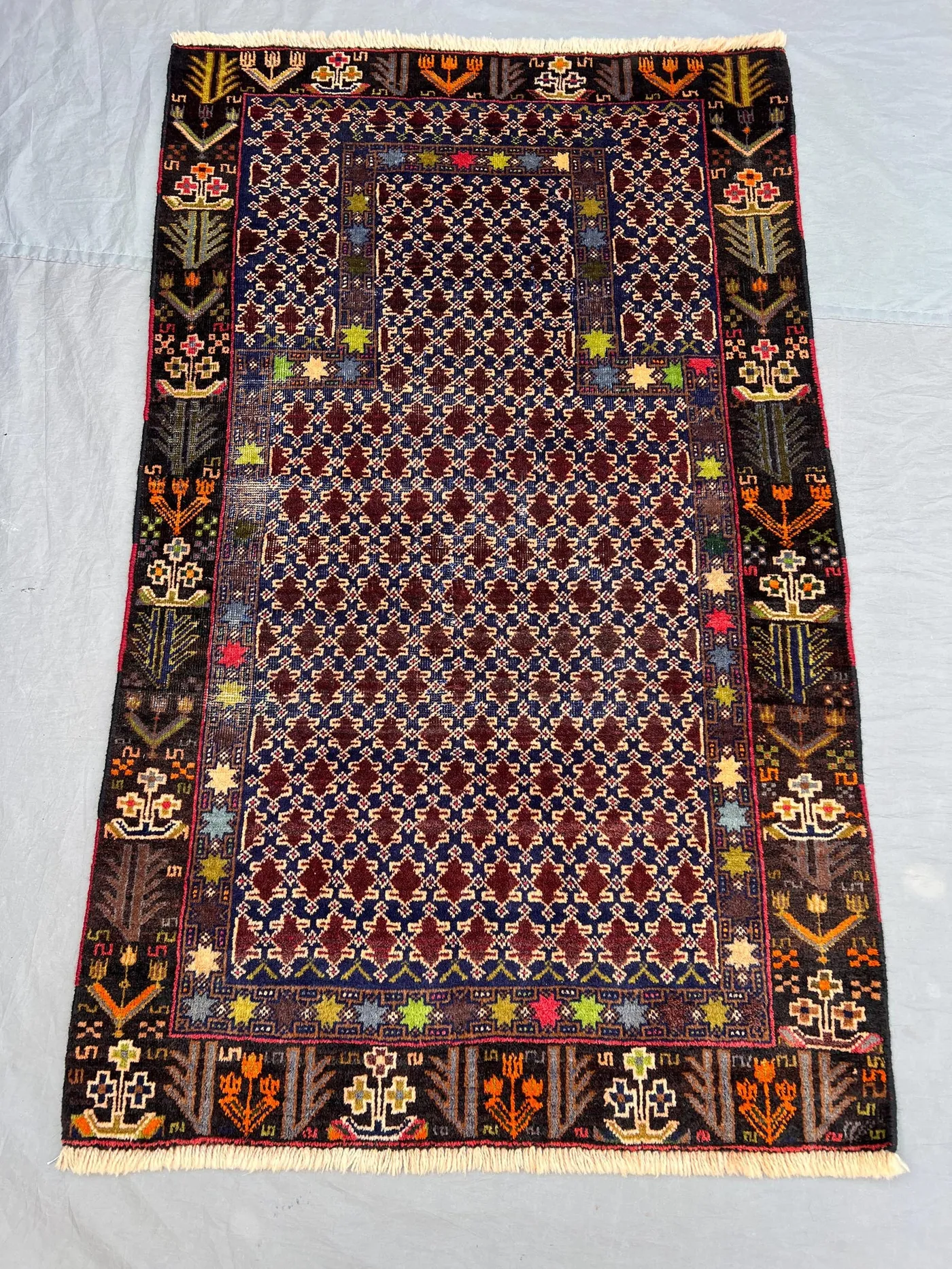 2'11x4'9 Vintage Afghan Tribal Rug | Hand Knotted Wool Area Rug | Navy Blue Burgundy All Over Diamond Lattice Rug | Bohemian Accent Rug
