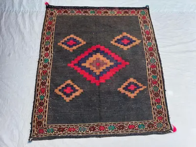 3'5x3'9 Vintage Afghan Kilim | Flat Weave Wool Kilim | Dark Charcoal Red Diamond Medallion Kilim | Bohemian Ac