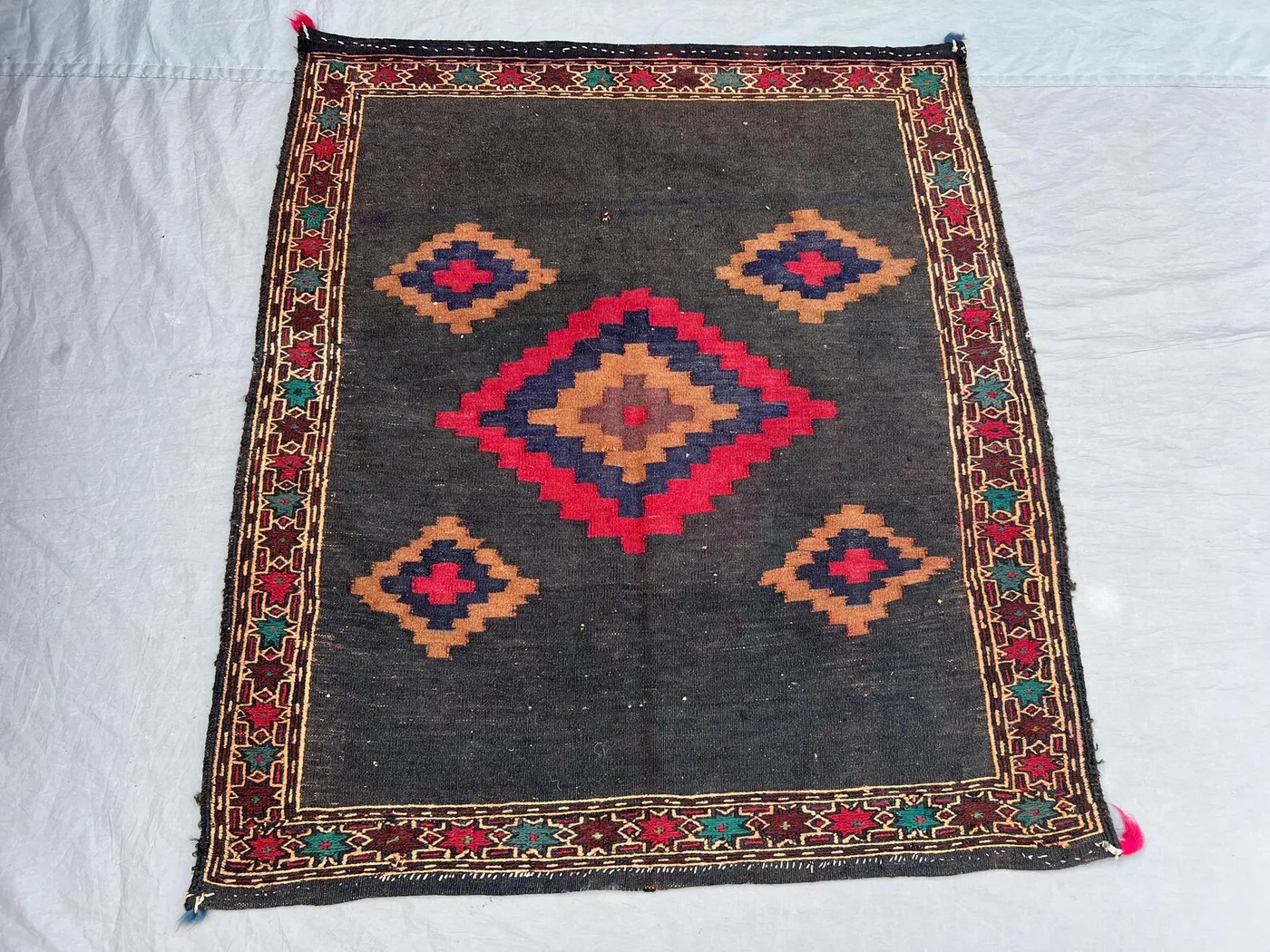 3'5x3'9 Vintage Afghan Kilim | Flat Weave Wool Kilim | Dark Charcoal Red Diamond Medallion Kilim | Bohemian Accent Kilim