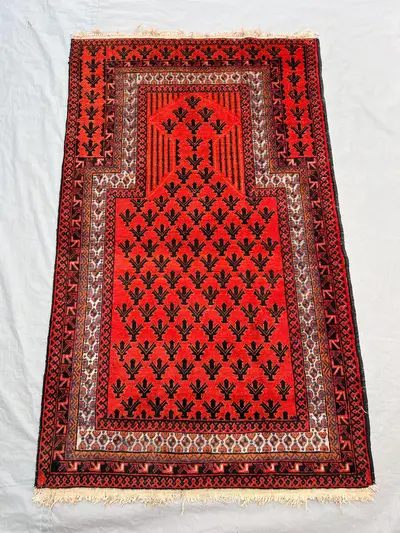 2'11x4'9 ft Vintage Afghan Hand-Knotted Prayer Rug – Red Geometric Design, Tribal Motifs, Handmade, Cozy Home 