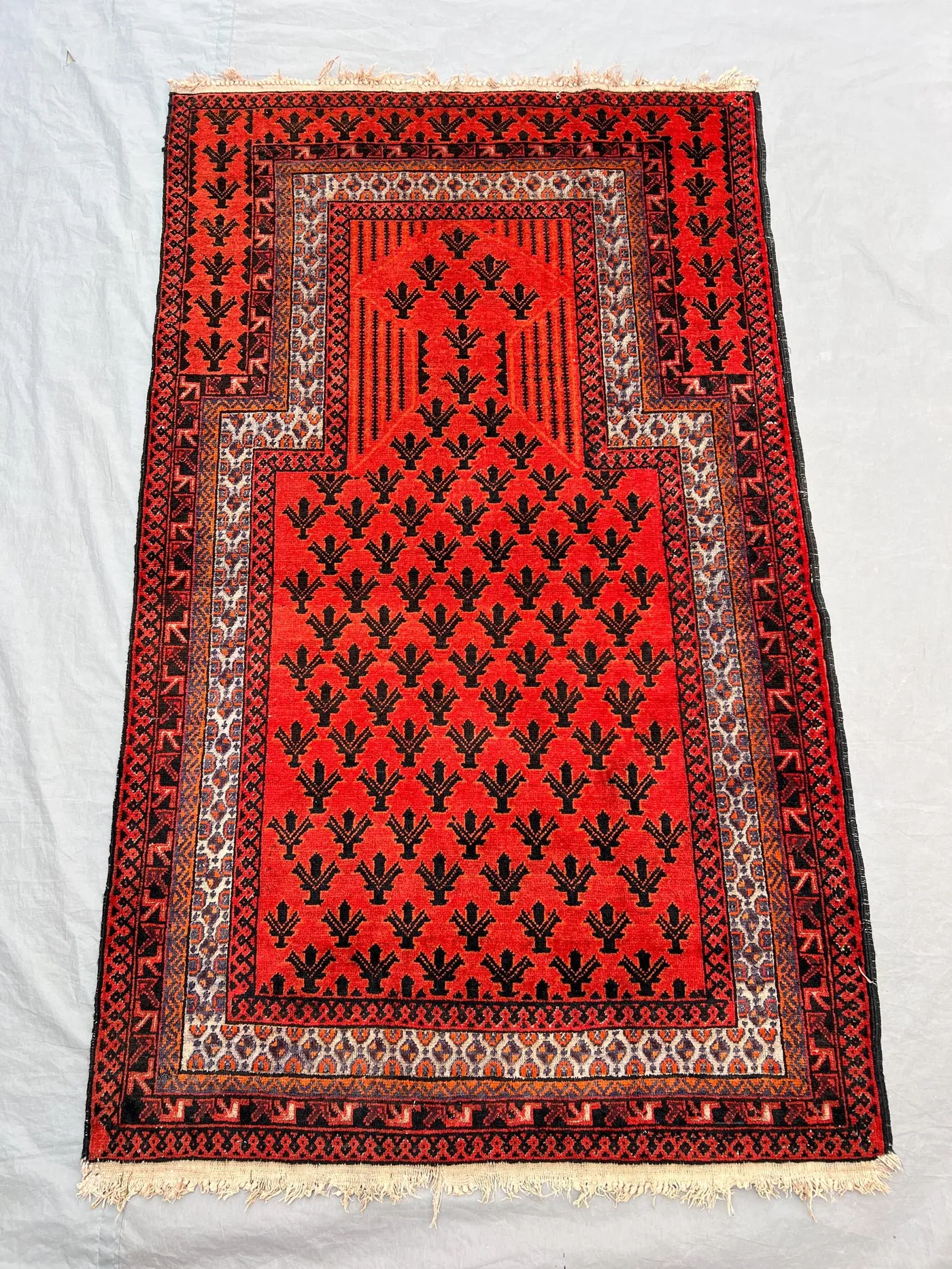 2'11x4'9 ft Vintage Afghan Hand-Knotted Prayer Rug – Red Geometric Design, Tribal Motifs, Handmade, Cozy Home Decor, Boho Accent Rug