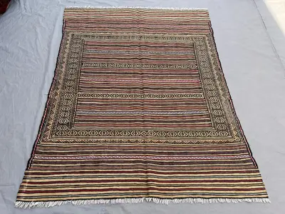 4'8x6 ft Vintage Afghan Hand-Knotted Kilim – Striped Design with Geometric Border, Handmade, Boho Home Decor, 