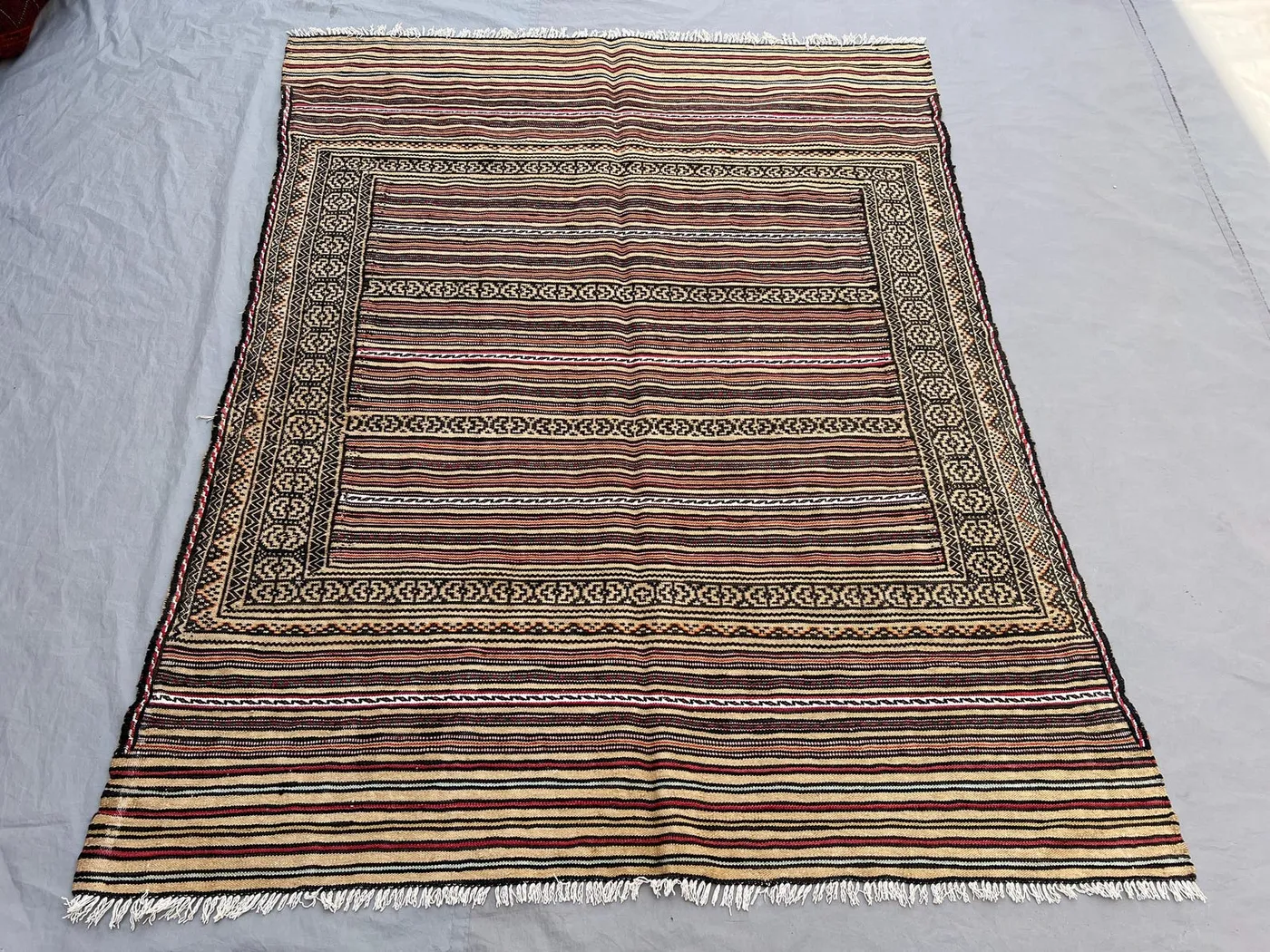 4'8x6 ft Vintage Afghan Hand-Knotted Kilim – Striped Design with Geometric Border, Handmade, Boho Home Decor, Cozy Living Room or Hallway