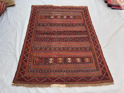 4'6x5'10 ft Vintage Afghan Hand-Knotted Rug – Geometric Red and Orange Design, Tribal Motifs, Handmade, Boho H