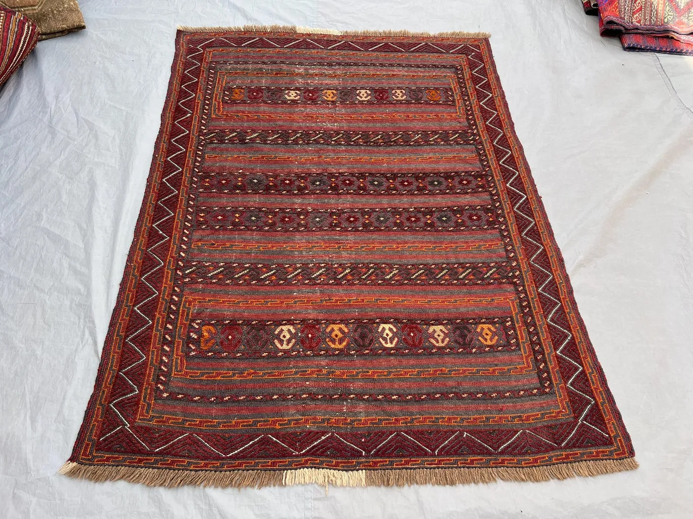 4'6x5'10 ft Vintage Afghan Hand-Knotted Rug – Geometric Red and Orange Design, Tribal Motifs, Handmade, Boho Home Decor, Cozy Living Room