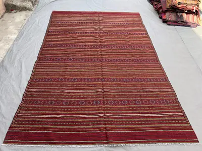 6'4x9'5 ft Vintage Afghan Hand-Knotted Kilim – Striped Design with Geometric Borders, Handmade, Boho Home Deco