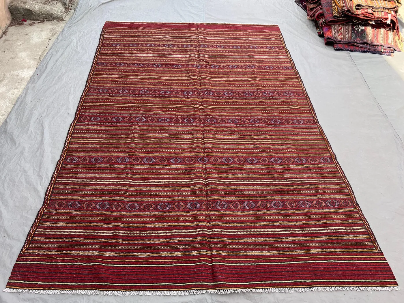 6'4x9'5 ft Vintage Afghan Hand-Knotted Kilim – Striped Design with Geometric Borders, Handmade, Boho Home Decor, Cozy Living Room