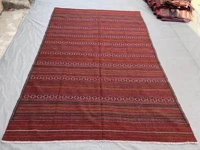 6'4x9'8 ft Vintage Afghan Hand-Knotted Kilim – Striped Design with Geometric Borders, Handmade, Boho Home Deco