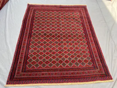 5'3x6'6 ft Vintage Afghan Hand-Knotted Rug – Red & Brown Diamond Design, Tribal Motifs, Handmade, Boho Home De