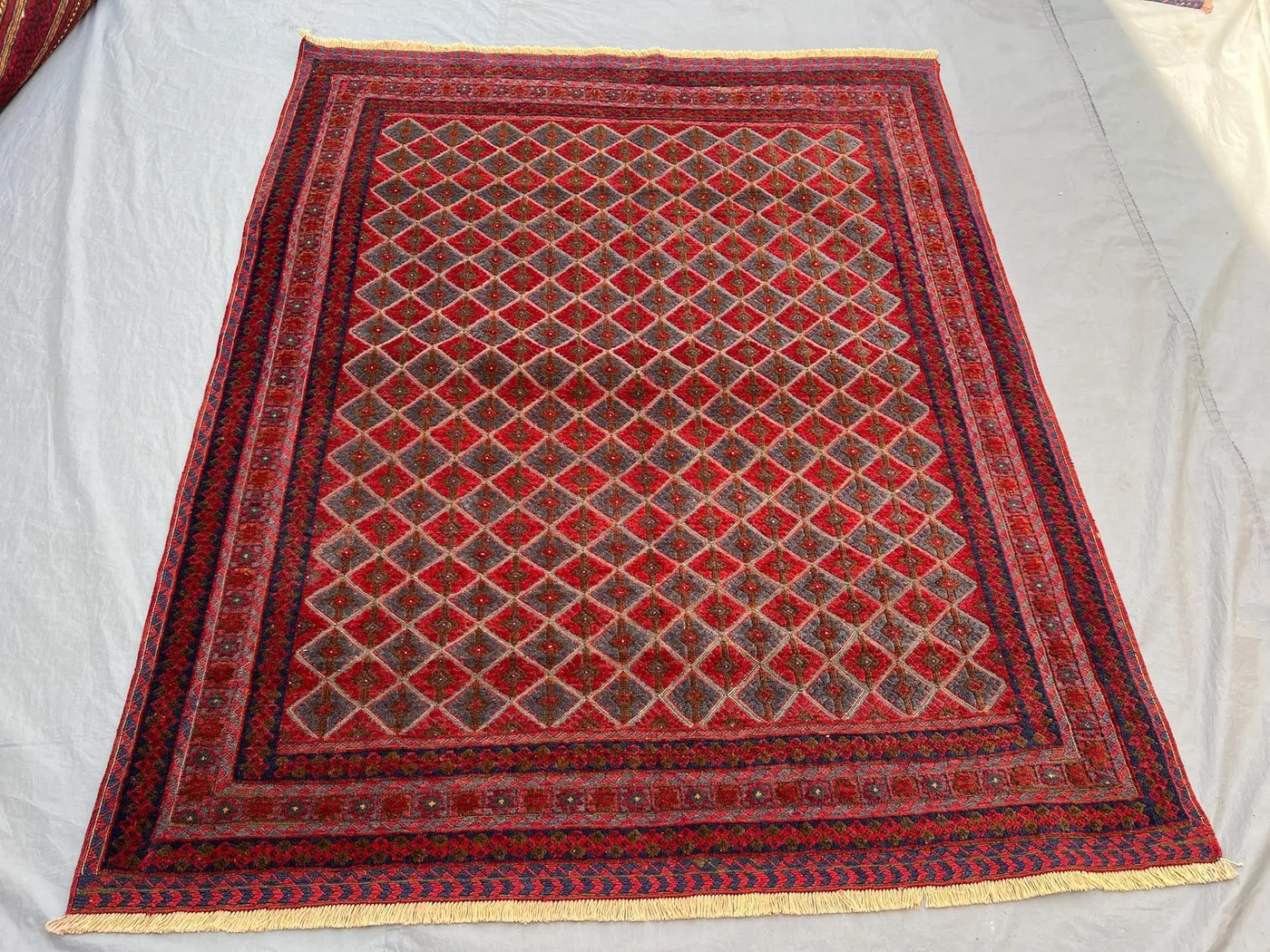 5'3x6'6 ft Vintage Afghan Hand-Knotted Rug – Red & Brown Diamond Design, Tribal Motifs, Handmade, Boho Home Decor, Cozy Living Room Accent