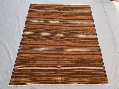 4'10x5'11 ft Vintage Afghan Hand-Knotted Kilim – Striped Design with Geometric Borders, Handmade, Boho Home De