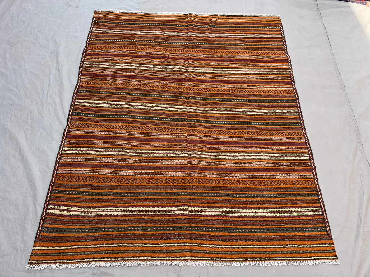 4'10x5'11 ft Vintage Afghan Hand-Knotted Kilim – Striped Design with Geometric Borders, Handmade, Boho Home Decor, Cozy Living Room