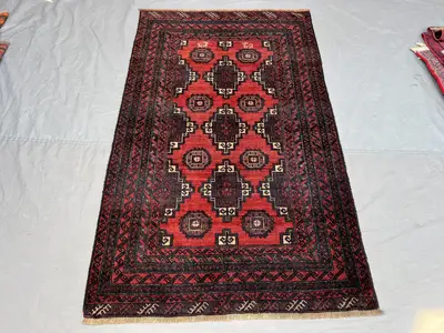 3'9x6 ft Vintage Afghan Pile Rug | Handknotted Tribal Repeating Gul Medallion | Crimson Red & Dark Aubergine W