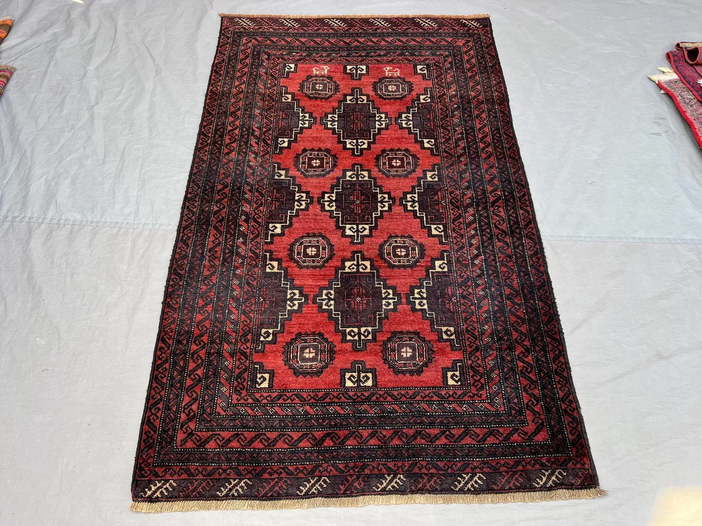 3'9x6 ft Vintage Afghan Pile Rug | Handknotted Tribal Repeating Gul Medallion | Crimson Red & Dark Aubergine Wool | Living Room Bedroom