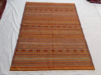 4'9x6'4 ft Vintage Afghan Hand-Knotted Kilim – Striped Design with Geometric Borders, Handmade, Boho Home Deco