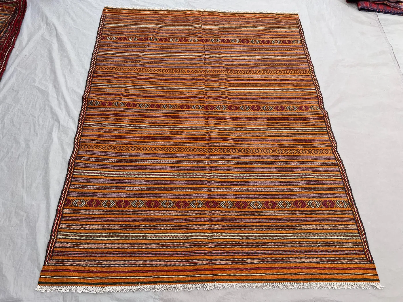 4'9x6'4 ft Vintage Afghan Hand-Knotted Kilim – Striped Design with Geometric Borders, Handmade, Boho Home Decor, Cozy Living Room