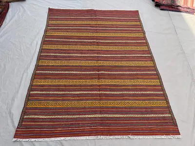 4'10x6'7 ft Vintage Afghan Hand-Knotted Kilim – Striped Design with Geometric Borders, Handmade, Boho Home Dec