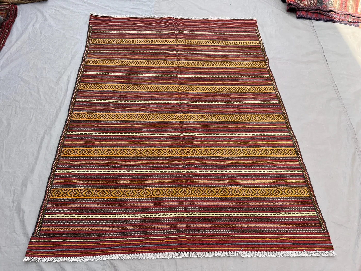 4'10x6'7 ft Vintage Afghan Hand-Knotted Kilim – Striped Design with Geometric Borders, Handmade, Boho Home Decor, Cozy Living Room