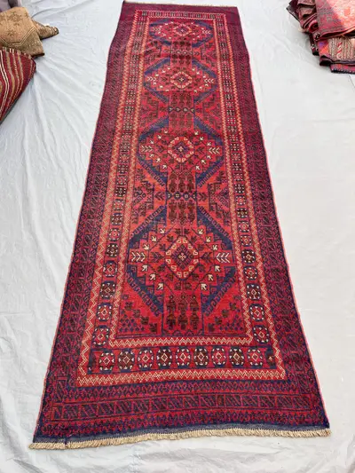 3'10x12'3 ft Vintage Afghan Hand-Knotted Runner Rug – Red Geometric & Tribal Design, Handmade, Boho Home Decor
