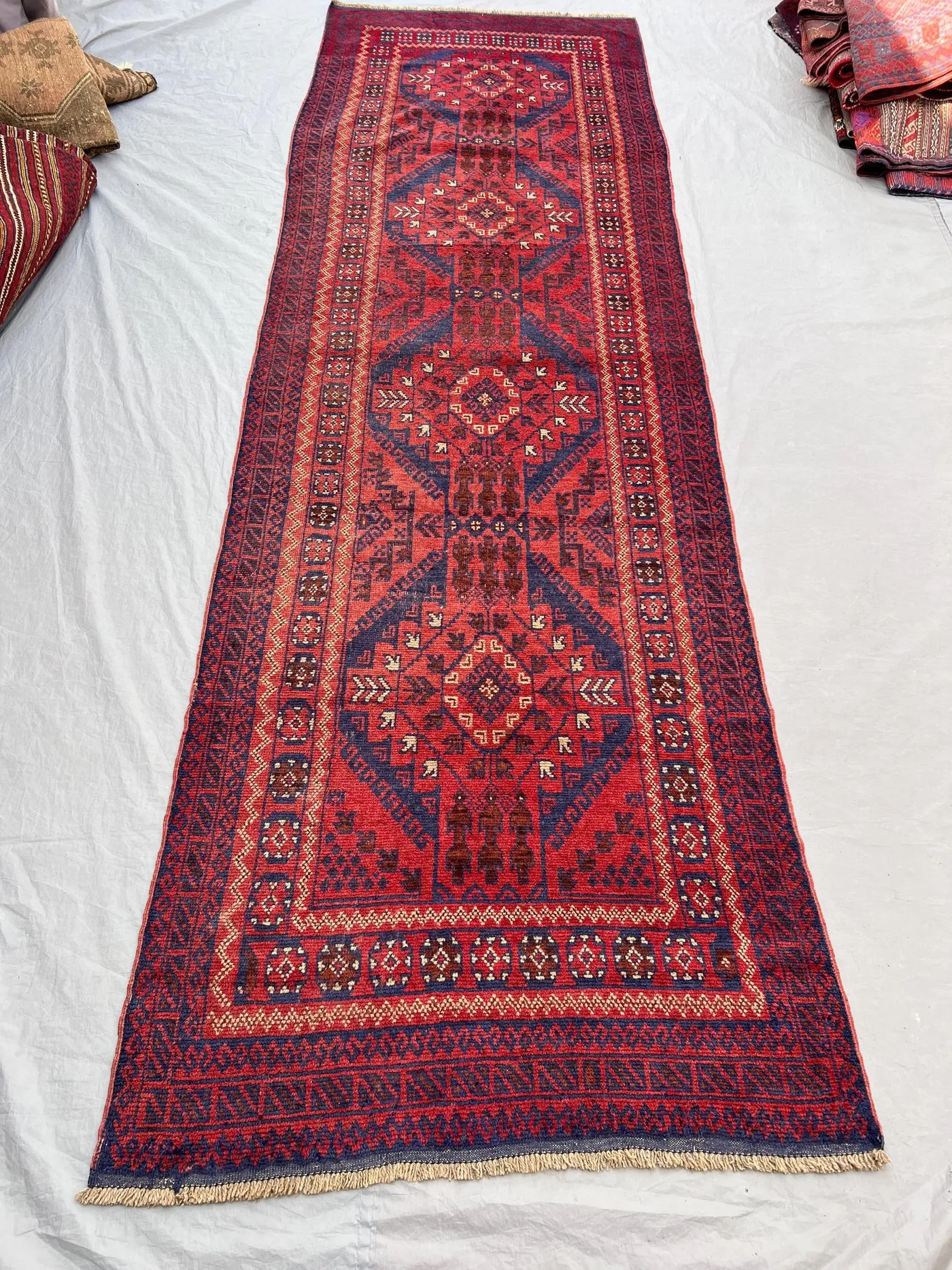 3'10x12'3 ft Vintage Afghan Hand-Knotted Runner Rug – Red Geometric & Tribal Design, Handmade, Boho Home Decor, Cozy Hallway or Living Room