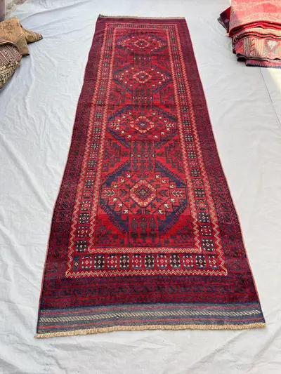 3'10x12'2 ft Vintage Afghan Hand-Knotted Runner – Geometric Red & Blue Design, Tribal Motifs, Handmade, Boho H