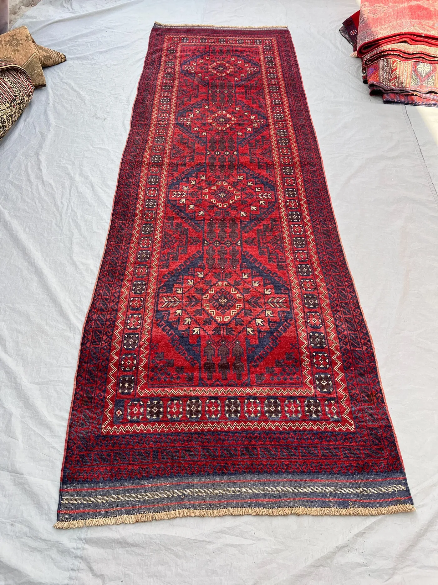 3'10x12'2 ft Vintage Afghan Hand-Knotted Runner – Geometric Red & Blue Design, Tribal Motifs, Handmade, Boho Home Decor, Cozy Hallway Accent