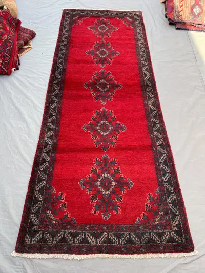 3'6x9'5 ft Vintage Afghan Hand-Knotted Rug – Red and Black Geometric Design, Floral Motifs, Handmade, Cozy Liv
