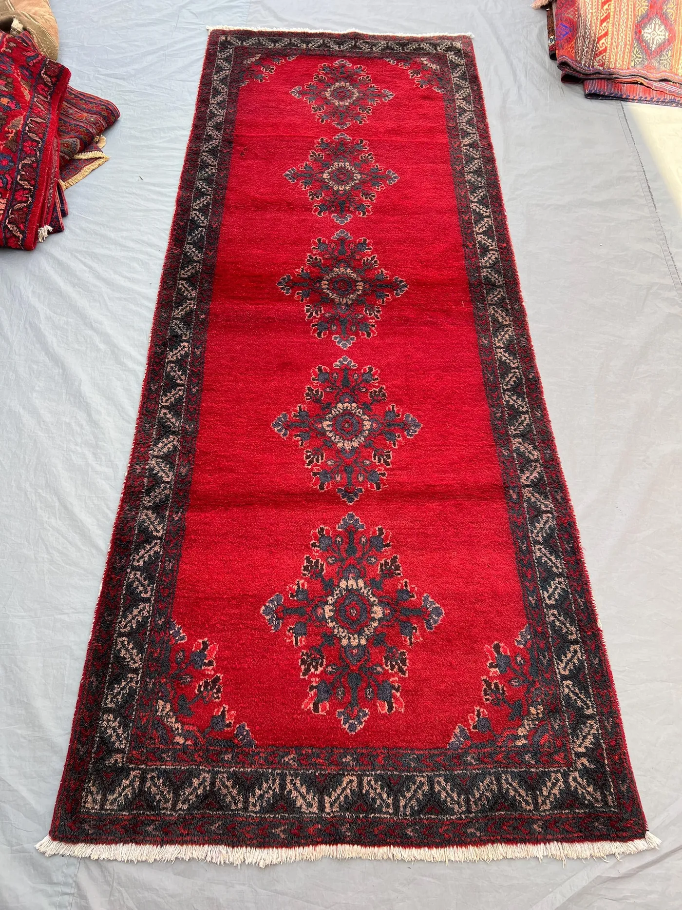 3'6x9'5 ft Vintage Afghan Hand-Knotted Rug – Red and Black Geometric Design, Floral Motifs, Handmade, Cozy Living Room or Hallway Accent