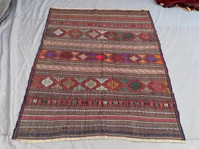 4'10x5'9 ft Vintage Afghan Kilim – Geometric Pattern, Multicolored Stripes, Handmade Tribal Kilim, Boho Home D