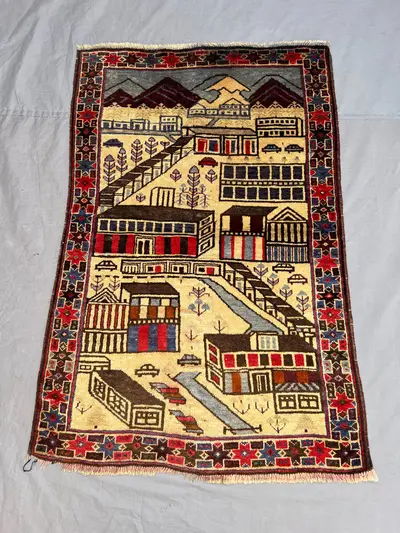 2'9x4'5 ft Vintage Afghan Pictorial Rug – House and Mountain Design, Colorful Handmade Rug,  Home Decor, Cozy 