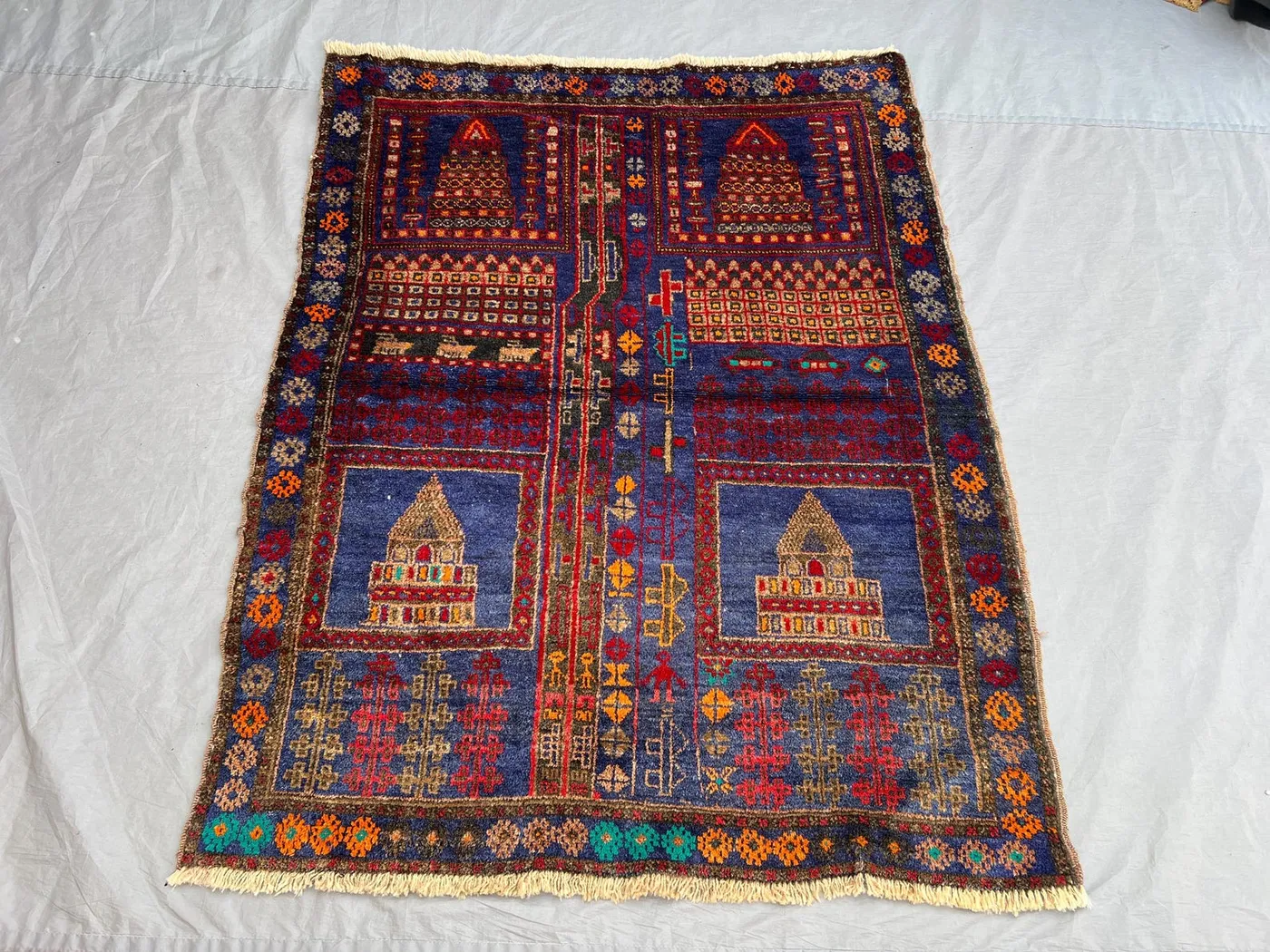 3'9x4'10 ft Vintage Afghan Rug – Tribal Geometric Design, Colorful Motifs, Handmade Rug, Boho Home Decor, Cozy Living Room Accent