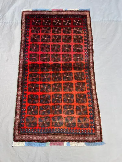 2'6x4'6 ft Vintage Afghan Rug – Red Geometric Design, Tribal Motifs, Handmade, Boho Decor, Cozy Living Room Ac