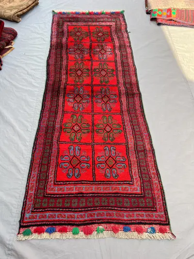 3'1x8'8 ft Vintage Afghan Rug – Red Geometric Design, Floral Motifs, Handmade Tribal Rug, Boho Home Decor, Coz