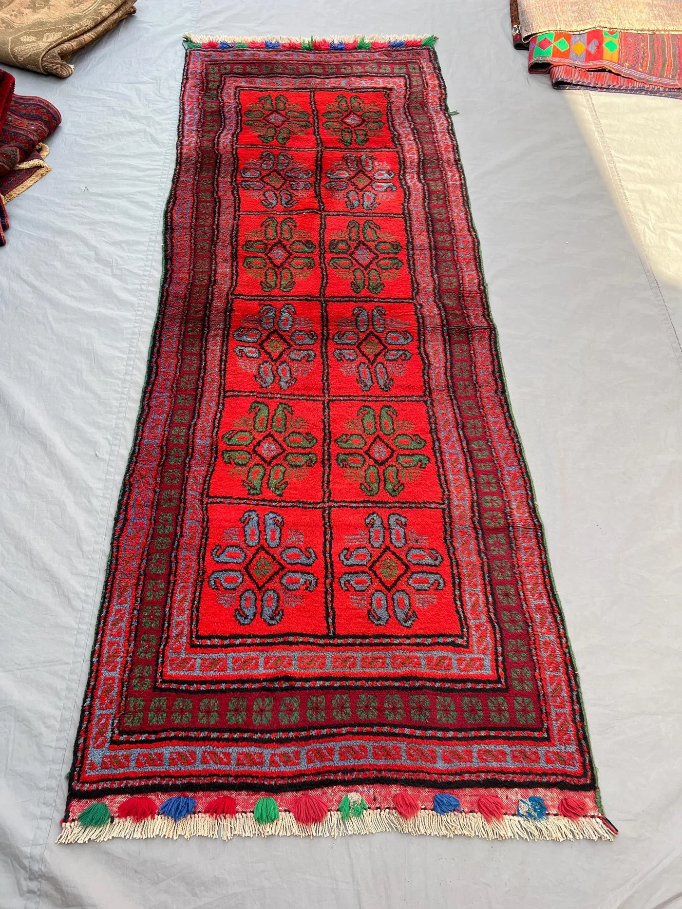 3'1x8'8 ft Vintage Afghan Rug – Red Geometric Design, Floral Motifs, Handmade Tribal Rug, Boho Home Decor, Cozy Living Room Accent