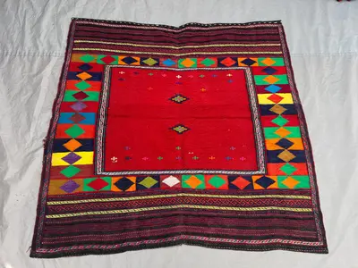 4'3x4'4 ft Vintage Afghan Tribal Kilim | Open Red Field Scattered Motifs Bold Multicolor Diamond Border | Red 