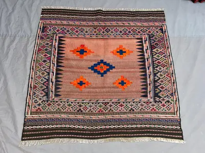 4x4 ft Vintage Afghan Tribal Kilim | Five Star Diamond Motifs Flat Weave | Dusty Rose Orange Navy | Boho Livin