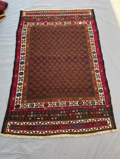 3'10x5'11 ft Vintage Afghan Kilim | All Over Lattice Floral Flat Weave | Dark Brown Red Teal | Boho Living Roo