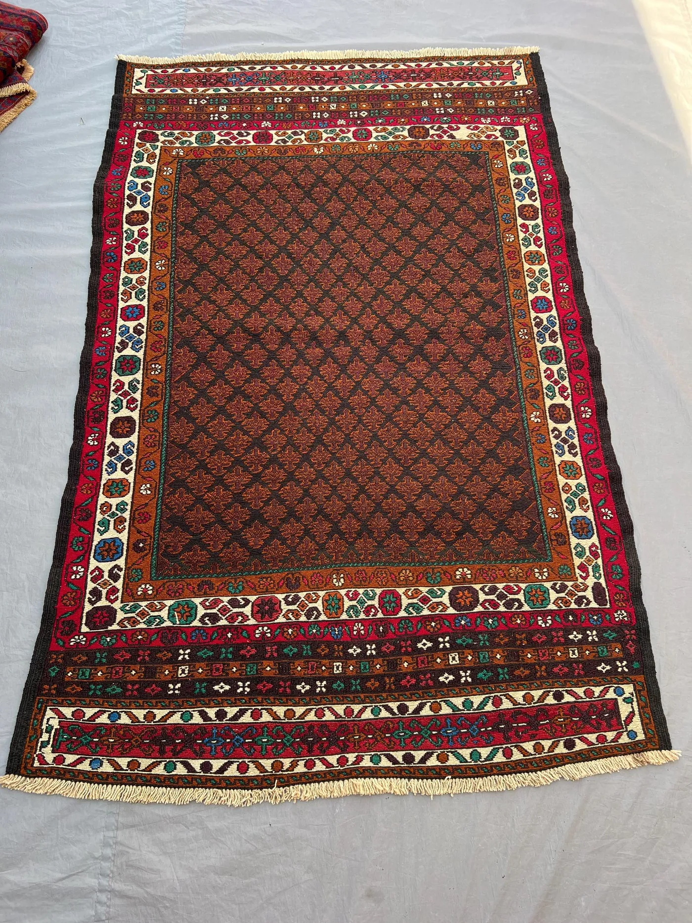 3'10x5'11 ft Vintage Afghan Kilim | All Over Lattice Floral Flat Weave | Dark Brown Red Teal | Boho Living Room Accent Kilim