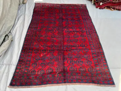 5'4x7'11 ft Vintage Afghan Pile Rug | Handknotted Turkmen Bukhara Geometric Repeat | Deep Crimson Red & Dark N