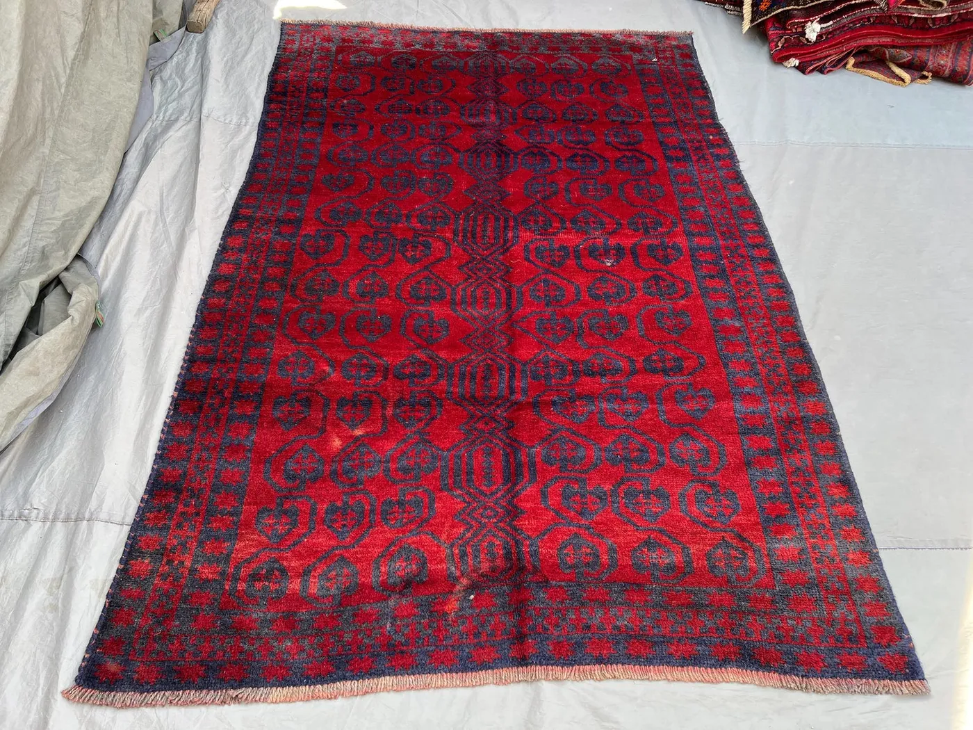 5'4x7'11 ft Vintage Afghan Pile Rug | Handknotted Turkmen Bukhara Geometric Repeat | Deep Crimson Red & Dark Navy Wool Area Rug Living Room
