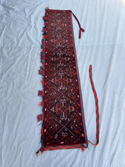 1'5x6'8 Ft Antique Afghan Baluchi Torba Tent Band, Handwoven Dense Gul Diamond Dark Red Navy Wool Wall Hanging