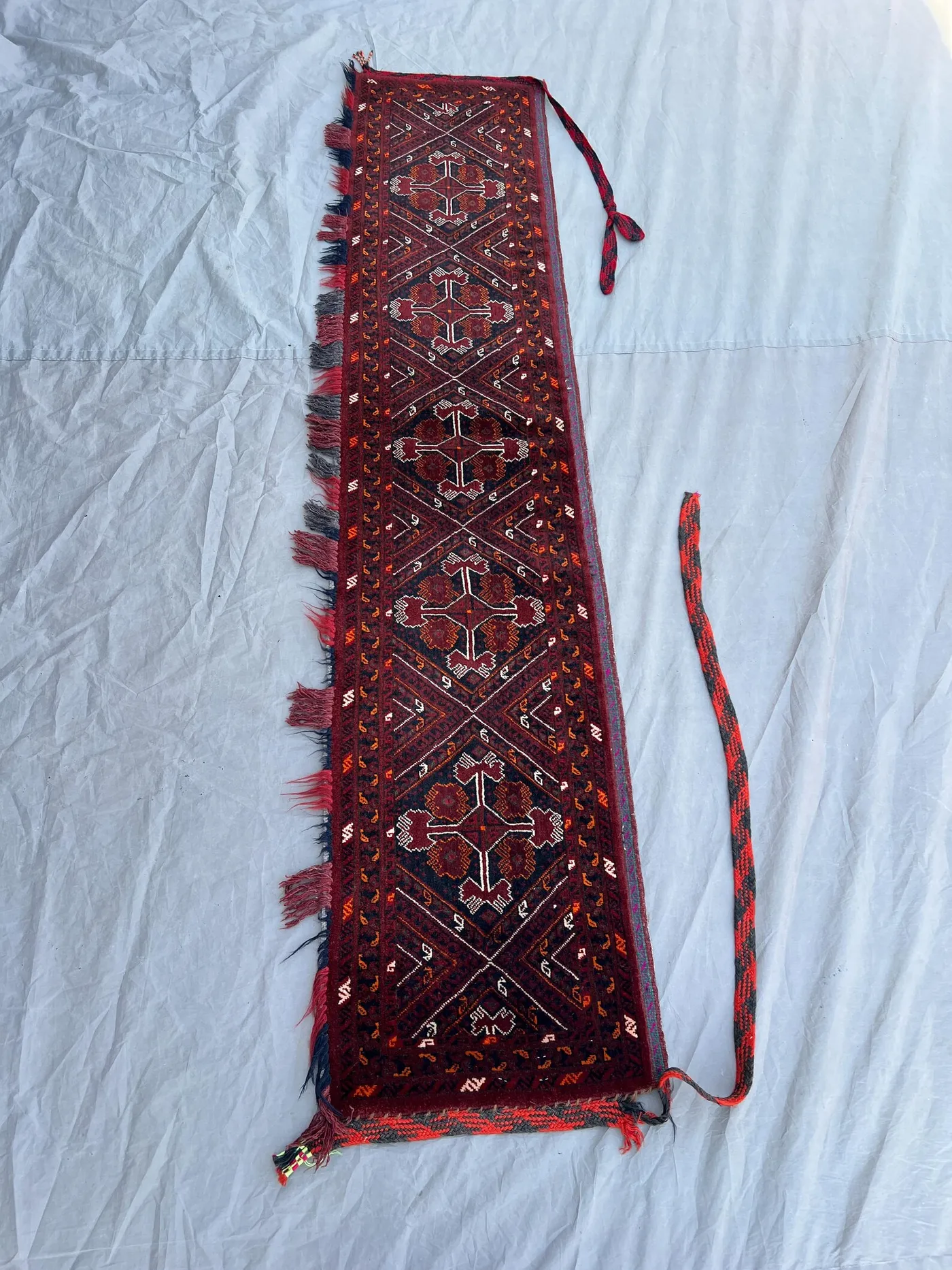 1'5x6'8 Ft Antique Afghan Baluchi Torba Tent Band, Handwoven Dense Gul Diamond Dark Red Navy Wool Wall Hanging | Boho Collector Decor