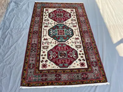 4'2x6'8 Caucasian Kazak Design Rug | Vintage Afghan Hand-Knotted Wool | Triple-Octagon Medallion Ivory Red Tea