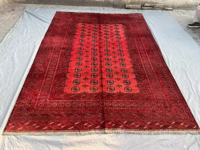 7'7x10'6 Ft Vintage Afghan Turkoman Wool Pile Rug Hand-Knotted All-Over Elephant Foot Gul Vivid Red Black Extr