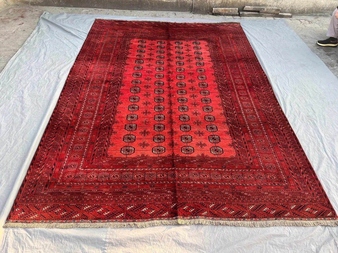 7'7x10'6 Ft Vintage Afghan Turkoman Wool Pile Rug Hand-Knotted All-Over Elephant Foot Gul Vivid Red Black Extra Large Area Rug | Living Room