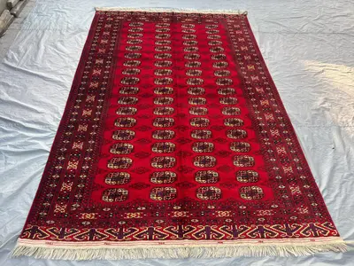 6x9'2 Ft Vintage Afghan Turkoman Wool Pile Rug Hand-Knotted All-Over Bokhara Gul Deep Red Gold Navy Large Area