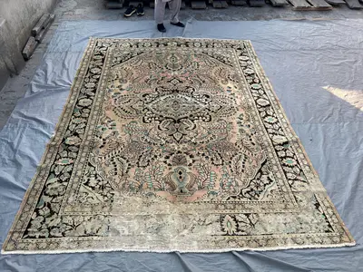 7'3x9'10 Persian-Style Floral Medallion Rug | Vintage Afghan Hand-Knotted Wool | Faded Blush Peach Teal Carpet