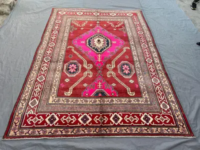 6'8x9'4 Ft Vintage Afghan Kazak Style Handknotted Soft Pile Rug, Single Medallion Magenta Red Gold Wool | Livi