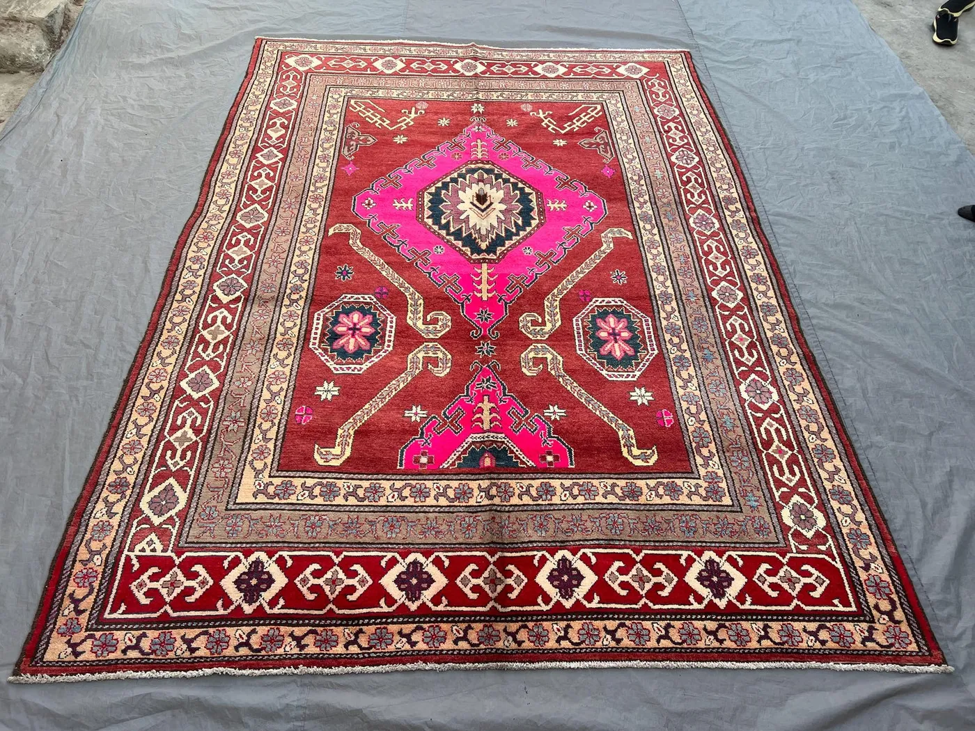 6'8x9'4 Ft Vintage Afghan Kazak Style Handknotted Soft Pile Rug, Single Medallion Magenta Red Gold Wool | Living Room Statement Decor